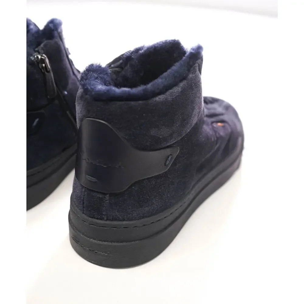 $860 SANTONI - Navy Blue Suede Shearling Lined Sneakers - US 8 (7UK)